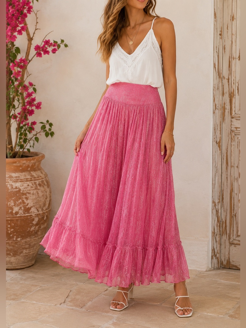 Raga Zella Pink Lurex Metallic Maxi Skirt Size S NWT Boho
